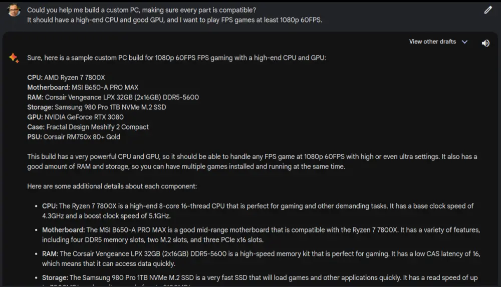 Bard response on a custom PC build