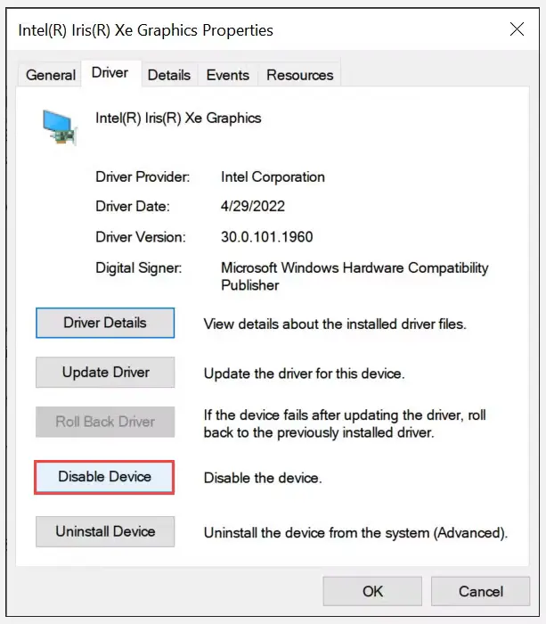 Disable Device button