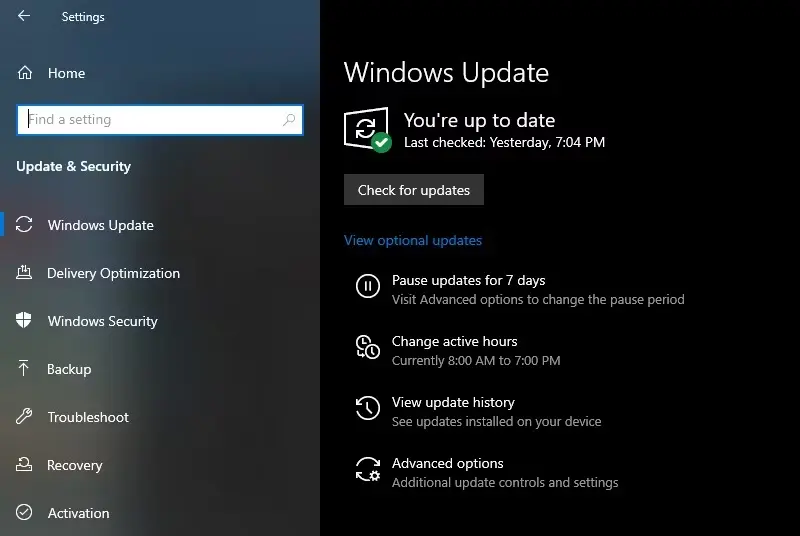 Update Settings in Windows