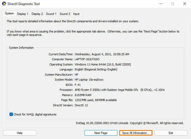 directx diagnostic tool windows 11