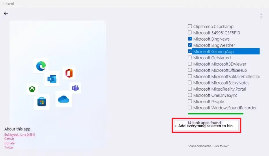Add everything selected to bin