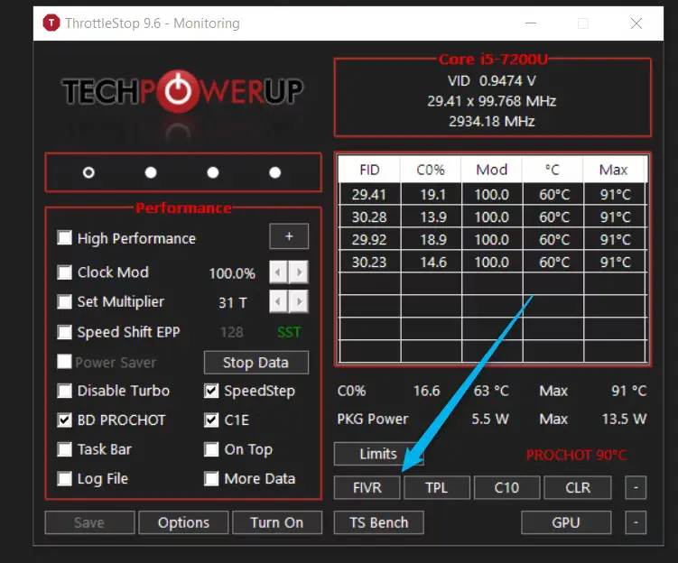 ThrottleStop menu FIVR