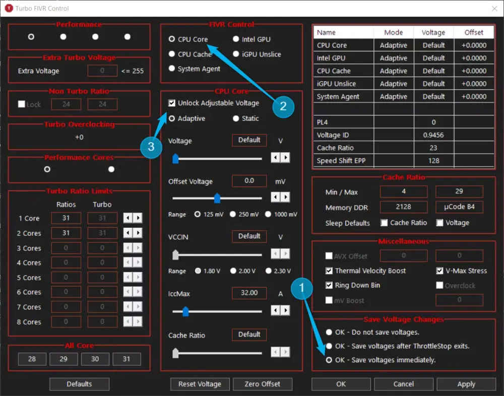 Throttlestop click on OK Save Voltages Immediately