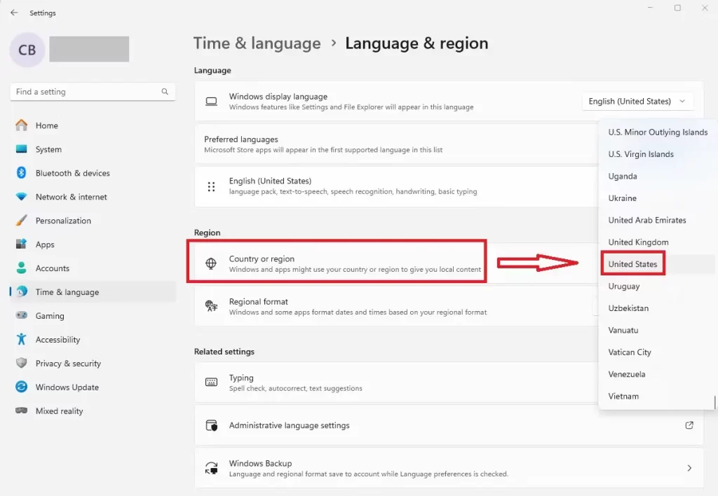 dropdown box next to Country or region