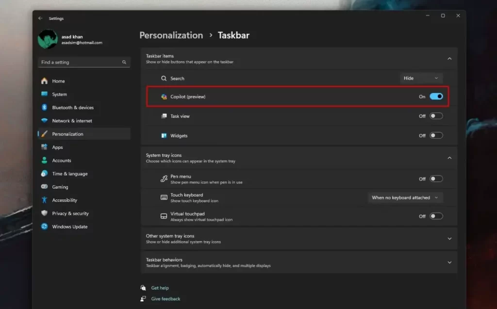 Taskbar items menu