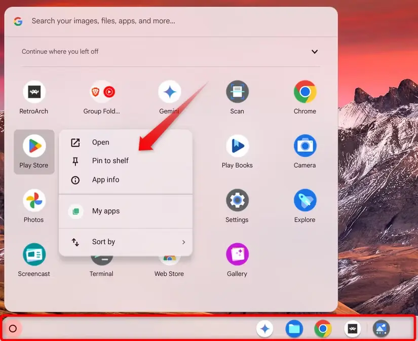 Καρφίτσωμα μιας εφαρμογής στο ράφι στο Chromebook